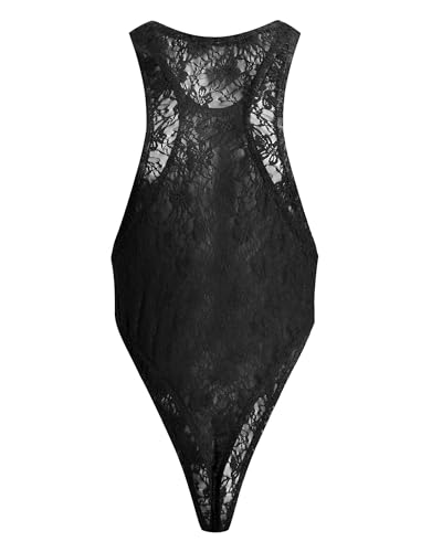 IWEMEK Herren Spitzenbody Rückenfrei Einteiler Stringbody Bodysuit Männerbody Overall Reizwäsche Männer Body Spitze Unterwäsche Shirt Tops Unterhemd Schwarz XL von IWEMEK