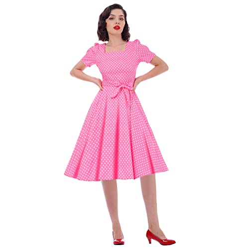 IWEMEK 1950er Kleider Damen Vintage Punkte Rockabilly Swing Kleid 50er 60er Retro Kurzarm Quadratischer Ausschnitt A-Linie Cocktailkleid Partykleid Hochzeit Brautjungfer Kleid Rosa XL von IWEMEK