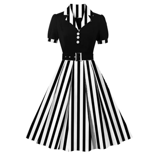 Damen 50er Jahre Stil Vintage 1950er Polka Dot Gestreiftes Kleid Retro Audrey Hepburn Rockabilly Cocktail Swing Kleid mit Gürtel, Schwarz weiß gestreift, Mittel von IWEMEK