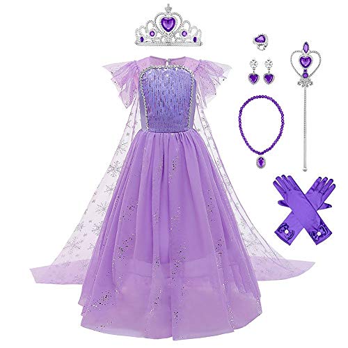 IWEMEK 7tlg Mädchen Eiskönigin ELSA Kostüm Schneekönigin Prinzessin Kleid mit Umhang + Zubehör Weihnachten Halloween Fest Karneval Fasching Verkleidung Party Kostüme Outfits Kinder Violett Set 5-6J von IWEMEK