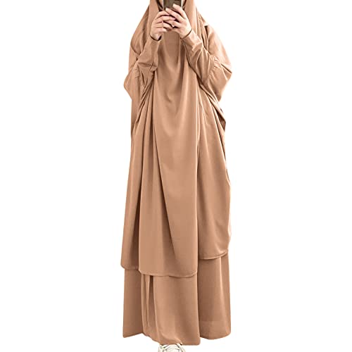 IWEMEK Abaya Muslim Damen Muslimische Kleider Gebetskleidung Frauen Jilbab Khimar Kaftan Kleid Voller Länge Hijab + Rock 2 Teilig Set Islamischer Afghanische Dubai Türkei Ramadan Khaki Einheitsgröße von IWEMEK