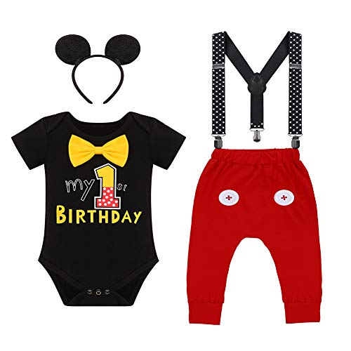 IWEMEK Baby Junge 1. Geburtstag Outfits Süße Maus Fotoshooting Kostüm Fliege Strampler + Hosenträger + Shorts Hosen Gentleman Anzug Bekleidungset #A: Schwarz Mein 1. Geburtstag 12-18M von IWEMEK