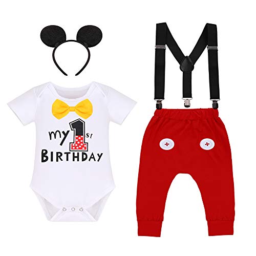 IWEMEK Baby Junge 1. Geburtstag Outfits Süße Maus Fotoshooting Kostüm Fliege Strampler + Hosenträger + Shorts Hosen Gentleman Bekleidungset Karneval Halloween #A: Weiß mein 1. Geburtstag 12-18M von IWEMEK