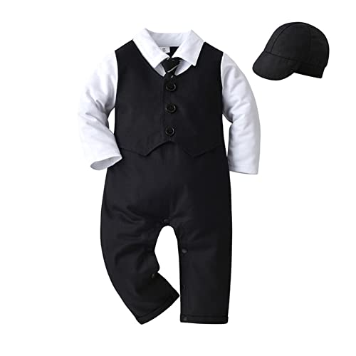 IWEMEK Baby Jungen Taufbekleidung Gentleman Outfits Sommer Langarm Shirt Weste Hosen Overall Bodysuit Fliege Hut Hochzeit Geburtstag Smoking Formal Anzug Fotoshooting Kostüm #C: Schwarz 3-6 Monate von IWEMEK