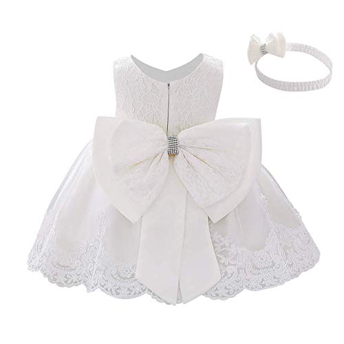 IWEMEK Baby Kinder Mädchen Bestickt Tüll Bowknot Spitze Kleid Blume Prinzessin Geburtstag Party Hochzeit Festlichkleid Taufkleid Formale Festzug Babykleidung Outfits Mit Stirnband Weiß 9-12 Monate von IWEMEK