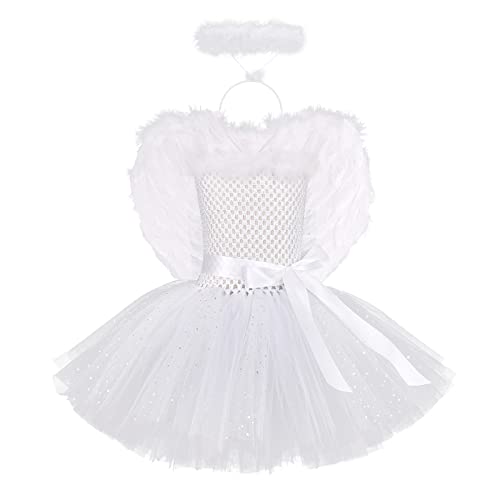 IWEMEK Baby Kinder Mädchen Engel Teufel Kostüm Kleid Gestricktes Tutu Kleid + Engelsflügel + Engel-Halo Stirnband +Zauberstab Zubehör Karneval Halloween Fancy Dress Party Outfits #Weiß 12-18 Monate von IWEMEK