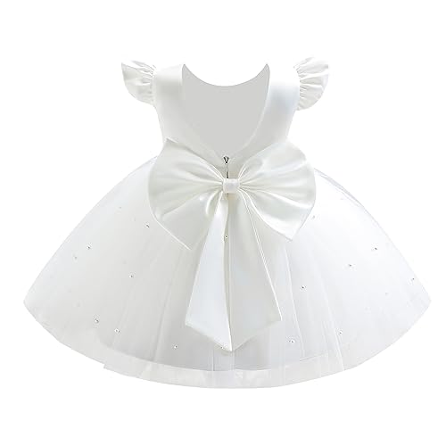IWEMEK Baby Mädchen Rüschenärmel Rückenfreie Schleife Perlen Tüll Tutu Prinzessin Kleid Blumenmädchen Brautjungfer Hochzeit Geburtstag Taufe Erstkommunion Kleider Ballkleid Weiß 6-12 Monate von IWEMEK