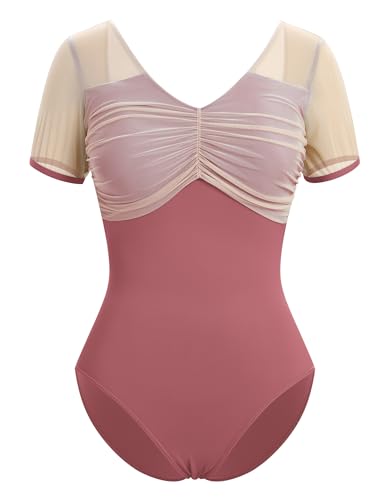IWEMEK Ballett Trikot Damen Mesh Kurzarm Ballettanzug Gymnastik Ballettbody V-Ausschnitt Bodysuit Body Sport Gymnastik Turnanzug Top Kost�m Rosa 3XL von IWEMEK