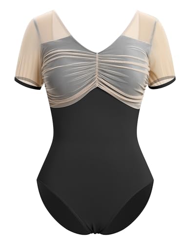 IWEMEK Ballett Trikot Damen Mesh Kurzarm Ballettanzug Gymnastik Ballettbody V-Ausschnitt Bodysuit Body Sport Gymnastik Turnanzug Top Kost�m schwarz 3XL von IWEMEK
