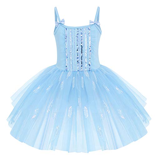 IWEMEK Ballettkleidung Ballettkleid Mädchen Ärmellos Spaghettiträger Pailletten Feder Balletttrikot Tütü Kleid Kinder Ballerina Tanzkleid Ballettanzug Tanzbody Tüllrock Gymnastikanzug Blau 3-4 Jahre von IWEMEK