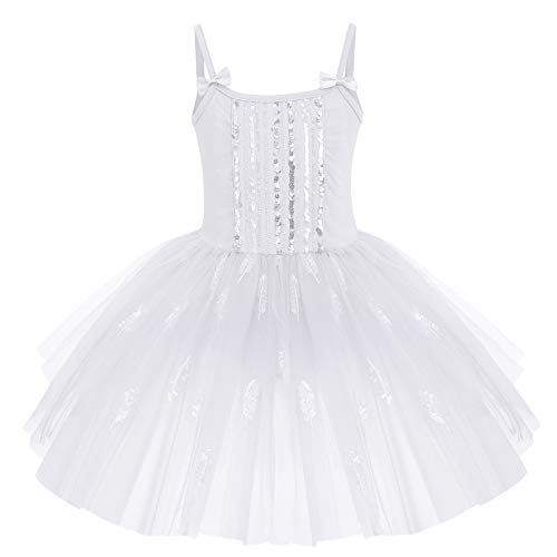 IWEMEK Ballettkleidung Ballettkleid Mädchen Ärmellos Spaghettiträger Pailletten Feder Balletttrikot Tütü Kleid Kinder Ballerina Tanzkleid Ballettanzug Tanzbody Tüllrock Gymnastikanzug Weiß 7-8 Jahre von IWEMEK