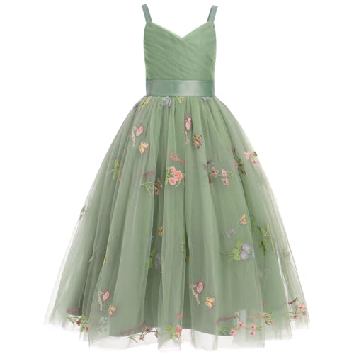 IWEMEK Blumenm�dchenkleider M�dchen Abendkleider Elegant f�r Hochzeit Ballkleider Kinder lang M�dchenkleider mit Stickerei Partykleid Prinzessin V-Ausschnitt �rmellos Maxikleid gr�n 140 von IWEMEK