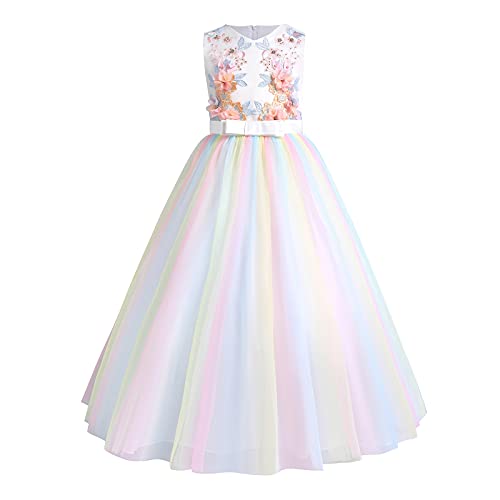 IWEMEK Blumenmädchen Applikation Ärmellos Satin Tüll Langes Prinzessin Kleid Brautjungfer Hochzeitkleid Formal Maxikleid Kinder Abendkleid Geburtstag Kommunionkleid Ballkleid Weiß Regenbogen 3-4 von IWEMEK