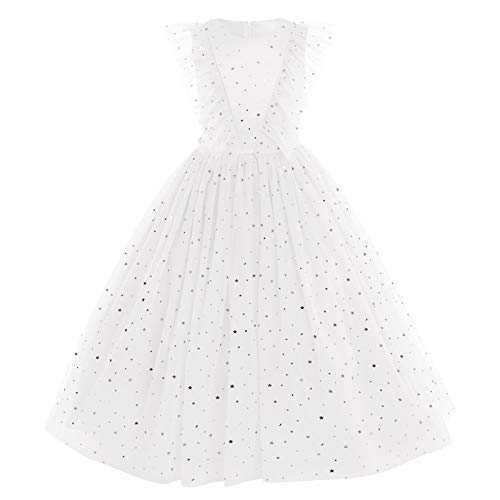 IWEMEK Blumenmädchen Pailletten Mond Sterne Prinzessin Kleid Ärmellose Formelle Lange Brautjungfer Hochzeitkleid Festzug Party Tanz Kinder Abendkleider Rüschen Tüll Maxi Ballkleid Weiß 5-6 Jahre von IWEMEK