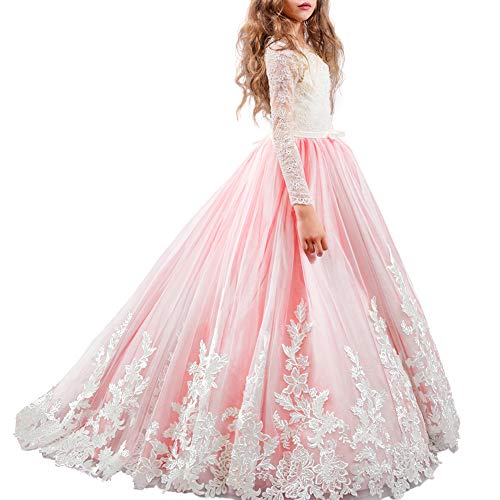 IWEMEK Blumenmädchen Prinzessin Lange Ärmel Festzug Spitze Tüll mit Appliques Brautjungfer Hochzeitskleid Festkleider Geburtstags Mädchen Erstkommunionkleid Weihnachten Karneval Partyskleid Abendkleid von IWEMEK