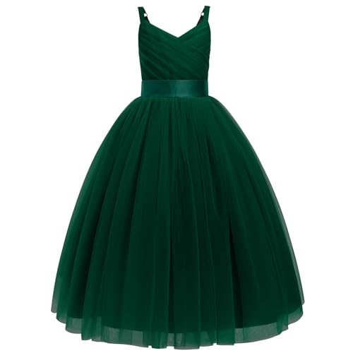 IWEMEK Blumenmädchenkleider Mädchen Abendkleider Elegant für Hochzeit Ballkleider Kinder lang Mädchenkleider mit Stickerei Partykleid Prinzessin V-Ausschnitt Ärmellos Maxikleid dunkelgrün 120 von IWEMEK