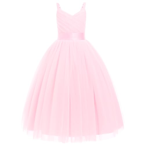IWEMEK Blumenmädchenkleider Mädchen Abendkleider Elegant für Hochzeit Ballkleider Kinder lang Mädchenkleider mit Stickerei Partykleid Prinzessin V-Ausschnitt Ärmellos Maxikleid rosa b 170 von IWEMEK