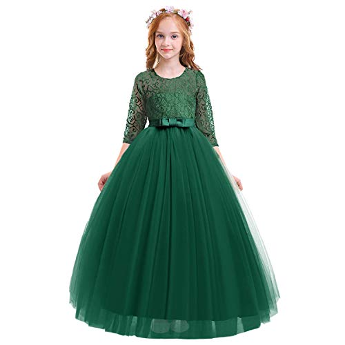 IWEMEK Brautjungfer Kleider für Mädchen Blumenmädchen Hochzeitskleid 3/4 Arm Spitzenkleid Tüllkleid Prinzessin Erste Kommunionskleider Weihnachten Abendkleid Partykleid 18 Dunkelgrün 13-14 von IWEMEK