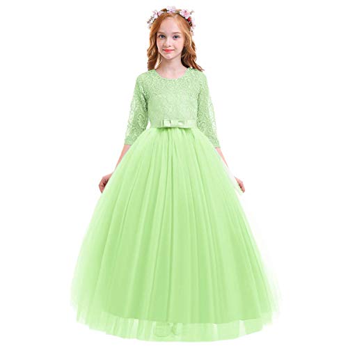 IWEMEK Brautjungfer Kleider für Mädchen Blumenmädchen Hochzeitskleid 3/4 Arm Spitzenkleid Tüllkleid Prinzessin Erste Kommunionskleider Weihnachten Abendkleid Partykleid 21 Gras Grün 11-12 von IWEMEK