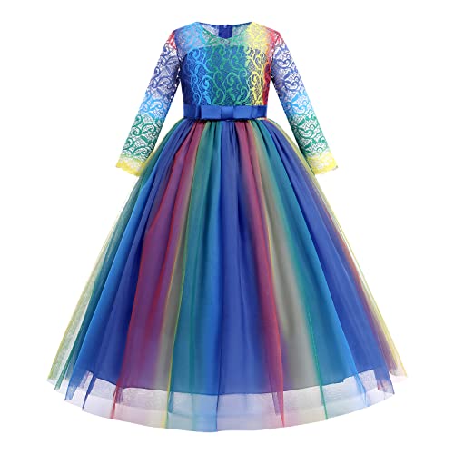 IWEMEK Brautjungfer Kleider für Mädchen Blumenmädchen Hochzeitskleid 3/4 Arm Spitzenkleid Tüllkleid Prinzessin Erste Kommunionskleider Weihnachten Abendkleid Partykleid 23 Blau Regenbogen 13-14 von IWEMEK
