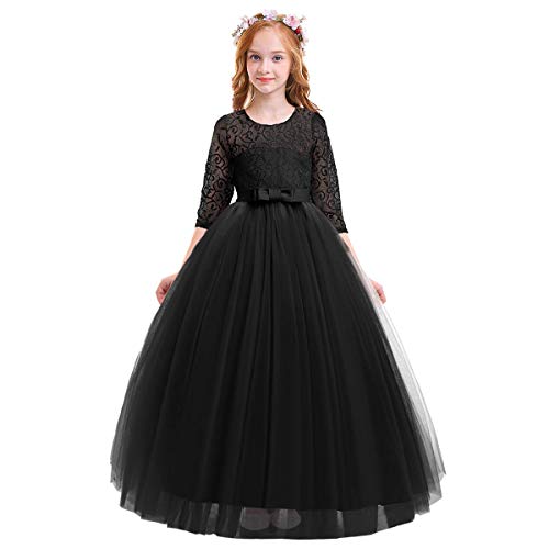 IWEMEK Brautjungfer Kleider für Mädchen Blumenmädchen Hochzeitskleid 3/4 Arm Spitzenkleid Tüllkleid Prinzessin Festzug Erste Kommunionskleider Weihnachten Abendkleid Partykleid 17 Schwarz 5-6 von IWEMEK