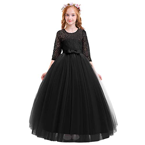 IWEMEK Brautjungfer Kleider für Mädchen Blumenmädchen Hochzeitskleid 3/4 Arm Spitzenkleid Tüllkleid Prinzessin Festzug Erste Kommunionskleider Weihnachten Abendkleid Partykleid 17 Schwarz 7-8 von IWEMEK
