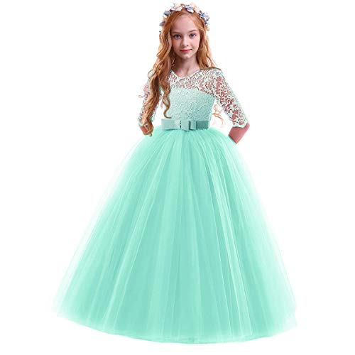 IWEMEK Brautjungfer Kleider für Mädchen Blumenmädchen Hochzeitskleid 3/4 Arm Spitzenkleid Tüllkleid Prinzessin Festzug Erste Kommunionskleider Weihnachten Abendkleid Partykleid 20 Minzgrün 3-4 von IWEMEK