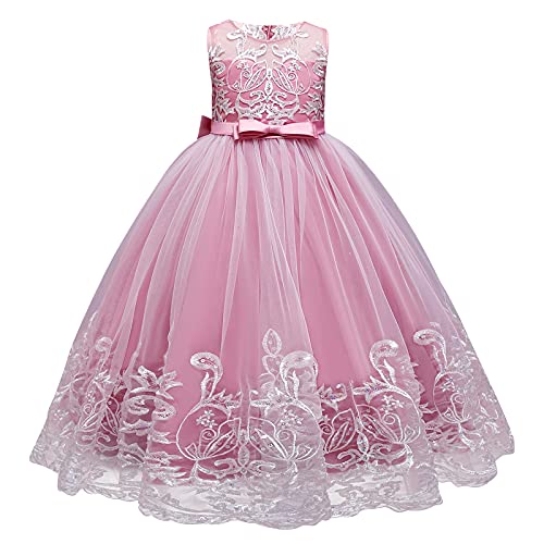 IWEMEK Brautjungfer Kleider für Mädchen Blumenmädchen Hochzeitskleid Ärmellose Applikation Spitze Tüllkleid Prinzessin Abendkleid Kommunionskleider Weihnachten Karneval Partykleid #A: Rosa 7-8 von IWEMEK
