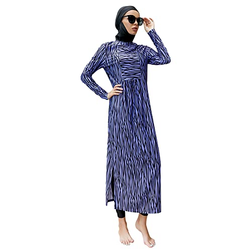 IWEMEK Burkini Damen Muslim Ganzkörper Badeanzüge Langarm Schwimmkleid + Bade Leggings Schwimmhose + Hijab 3tlg Sonnenschutz Bademode Islamische Schwimmanzug Arabisch Badebekleidung Blau XL von IWEMEK