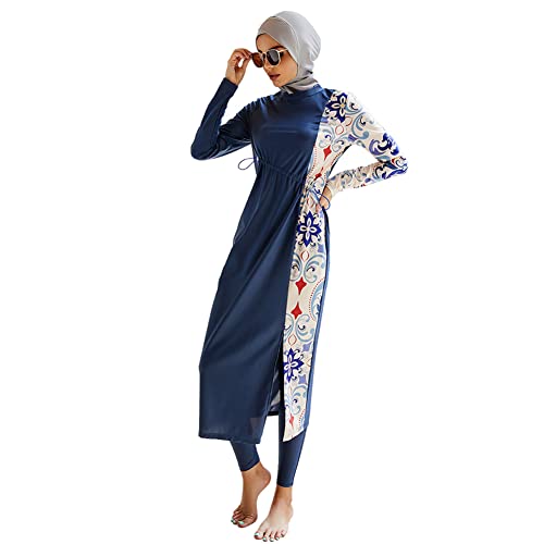 IWEMEK Burkini Damen Muslim Ganzkörper Badeanzüge Langarm Schwimmkleid + Bade Leggings Schwimmhose + Hijab 3tlg Sonnenschutz Bademode Islamische Schwimmanzug Arabisch Badebekleidung Marineblau 01 XL von IWEMEK