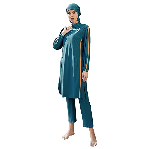 IWEMEK Burkini Damen Muslim Ganzkörper Badeanzüge Langarm Schwimmkleid + Bade Leggings Schwimmhose + Hijab 3tlg Sonnenschutz Bademode Islamische Schwimmanzug Arabisch Badebekleidung Pfau Blau L von IWEMEK