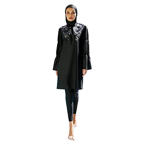 IWEMEK Burkini Damen Muslim Ganzkörper Badeanzüge Langarm Schwimmkleid + Bade Leggings Schwimmhose + Hijab 3tlg Sonnenschutz Bademode Islamische Schwimmanzug Arabisch Badebekleidung Schwarz 01 L von IWEMEK