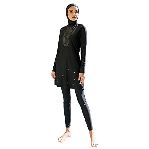 IWEMEK Burkini Damen Muslim Ganzkörper Badeanzüge Langarm Schwimmkleid + Bade Leggings Schwimmhose + Hijab 3tlg Sonnenschutz Bademode Islamische Schwimmanzug Arabisch Badebekleidung Schwarz 16 L von IWEMEK