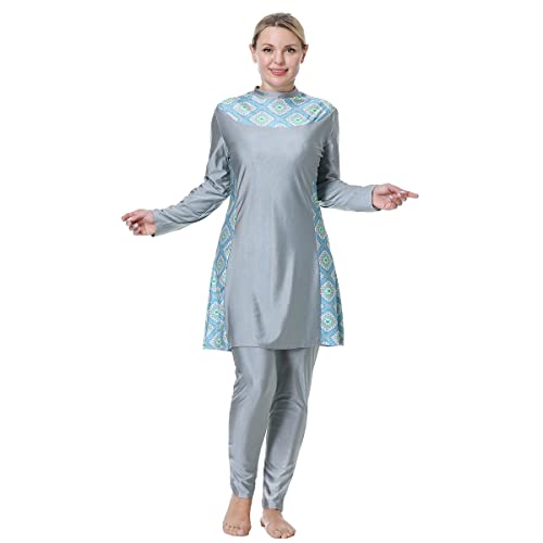 IWEMEK Burkini Damen Muslim Große Größen 3tlg Set Rash Guard Langarm Ganzkörper Schwimmanzug Schwimmkleid + Schwimmhose + Hijab Badeanzug Islamische Schwimmkleidung UV Schutz Grau 3XL von IWEMEK