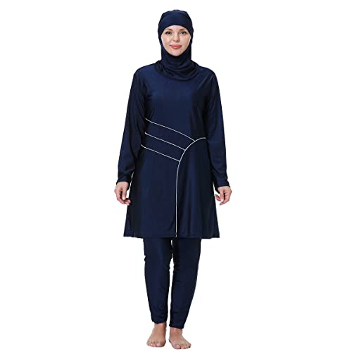 IWEMEK Burkini Damen Muslim Große Größen 3tlg Set Rash Guard Langarm Ganzkörper Schwimmanzug Schwimmkleid + Schwimmhose + Hijab Badeanzug Islamische Schwimmkleidung UV Schutz Marineblau 02 3XL von IWEMEK