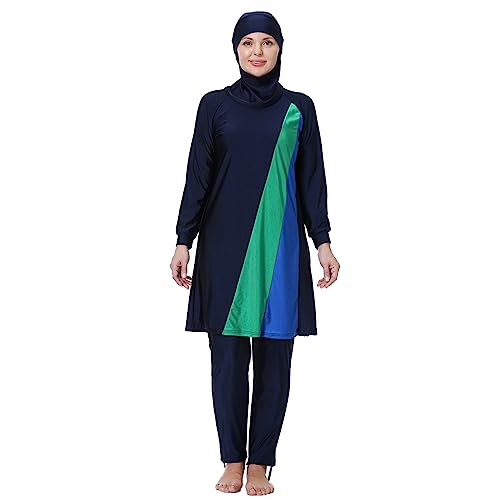 IWEMEK Burkini Damen Muslim Große Größen 3tlg Set Rash Guard Langarm Ganzkörper Schwimmanzug Schwimmkleid + Schwimmhose + Hijab Badeanzug Islamische Schwimmkleidung UV Schutz Marineblau 03 4XL von IWEMEK