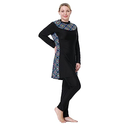 IWEMEK Burkini Damen Muslim Große Größen 3tlg Set Rash Guard Langarm Ganzkörper Schwimmanzug Schwimmkleid + Schwimmhose + Hijab Badeanzug Islamische Schwimmkleidung UV Schutz Schwarz 01 5XL von IWEMEK