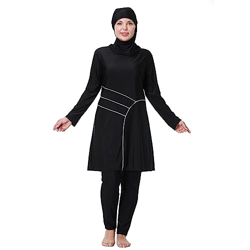 IWEMEK Burkini Damen Muslim Große Größen 3tlg Set Rash Guard Langarm Ganzkörper Schwimmanzug Schwimmkleid + Schwimmhose + Hijab Badeanzug Islamische Schwimmkleidung UV Schutz Schwarz 02 8XL von IWEMEK