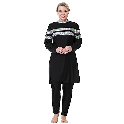 IWEMEK Burkini Damen Muslim Große Größen 3tlg Set Rash Guard Langarm Ganzkörper Schwimmanzug Schwimmkleid + Schwimmhose + Hijab Badeanzug Islamische Schwimmkleidung UV Schutz Schwarz 03 6XL von IWEMEK