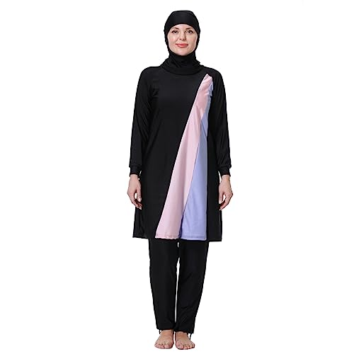 IWEMEK Burkini Damen Muslim Große Größen 3tlg Set Rash Guard Langarm Ganzkörper Schwimmanzug Schwimmkleid + Schwimmhose + Hijab Badeanzug Islamische Schwimmkleidung UV Schutz Schwarz 06 3XL von IWEMEK