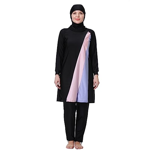 IWEMEK Burkini Damen Muslim Große Größen 3tlg Set Rash Guard Langarm Ganzkörper Schwimmanzug Schwimmkleid + Schwimmhose + Hijab Badeanzug Islamische Schwimmkleidung UV Schutz Schwarz 06 4XL von IWEMEK