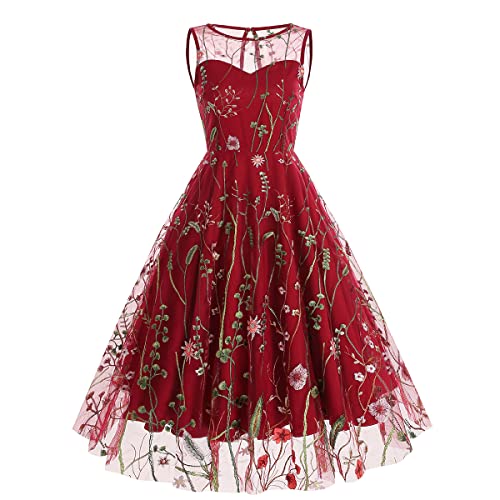 IWEMEK Damen 1950er Vintage Blumen Stickerei Tüllkleid Retro 50er 60er Jahre Rockabilly Swing A-Linie Cocktail Hochzeit Brautjungfer Party Abendkleid Ballkleid #A: Rot Ärmellos S von IWEMEK