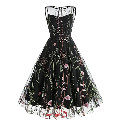 IWEMEK Damen 1950er Vintage Blumen Stickerei Tüllkleid Retro 50er 60er Jahre Rockabilly Swing A-Linie Cocktail Hochzeit Brautjungfer Party Abendkleid Ballkleid #A: Schwarz Ärmellos S von IWEMEK