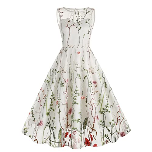 IWEMEK Damen 1950er Vintage Blumen Stickerei Tüllkleid Retro 50er 60er Jahre Rockabilly Swing A-Linie Cocktail Hochzeit Brautjungfer Party Abendkleid Ballkleid #A: Weiß Ärmellos M von IWEMEK