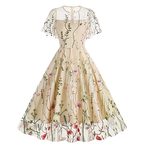 IWEMEK Damen 1950er Vintage Blumen Stickerei Tüllkleid Retro 50er 60er Jahre Rockabilly Swing A-Linie Cocktail Hochzeit Brautjungfer Party Abendkleid Ballkleid #B: Aprikose Rüschenärmel M von IWEMEK