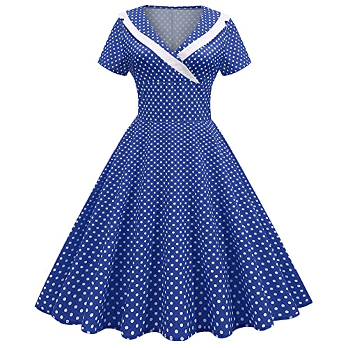 IWEMEK Damen 1950er Vintage Retro Rockabilly Kleid Revers VAusschnitt Slim ALinie 50er 60er Pinup Audrey Hepburn Stil Polka Dot Swing Kleider Sommer Casual Festzug Party Cocktail Abendkleid blau XL von IWEMEK