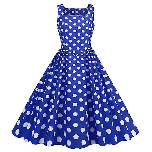 IWEMEK Damen 1950er Vintage Retro Rockabilly Swing Kleider mit Punkten 50er 60er Ärmellos Quadratischer Ausschnitt A-Linie Cocktailkleid Hochzeits Heimkehr Abendkleid Partykleid Königsblau XXL von IWEMEK