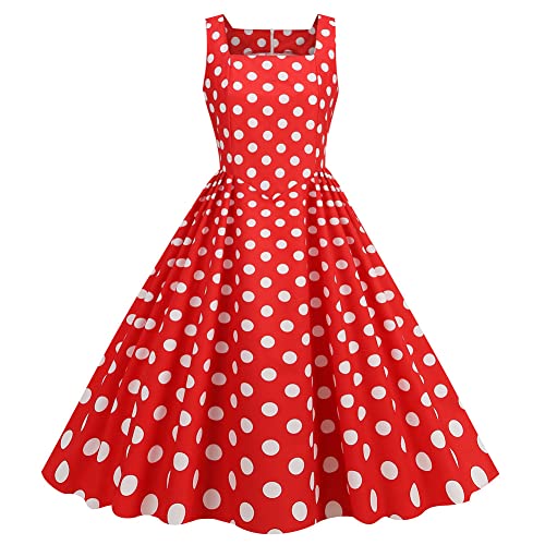 IWEMEK Damen 1950er Vintage Retro Rockabilly Swing Kleider mit Punkten 50er 60er Ärmellos Quadratischer Ausschnitt A-Linie Cocktailkleid Hochzeits Heimkehr Abendkleid Partykleid Rot XL von IWEMEK