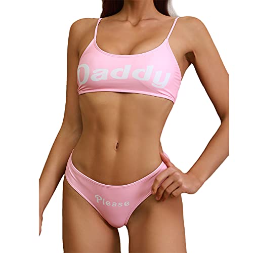 IWEMEK Damen Bademode Come Here Daddy Please Bedruckter Bikini Set Camisole Crop Top Push-Up BH Badeanzug + Slips Unterwäsche Beachwear 2 Stücke Sexy Tankini Hawaii Flitterwochen Rosa XL von IWEMEK