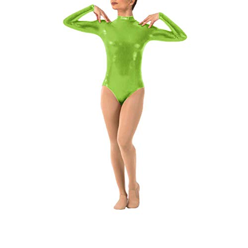 IWEMEK Damen Ballettanzug Glänzende Langarm Body Wetlook Danz Ballett Trikot Gymnastikanzug Turnanzug Metallic Einteiler Lack Leder Bodysuit Overall Leotard Top Kostüme Hellgrün L von IWEMEK